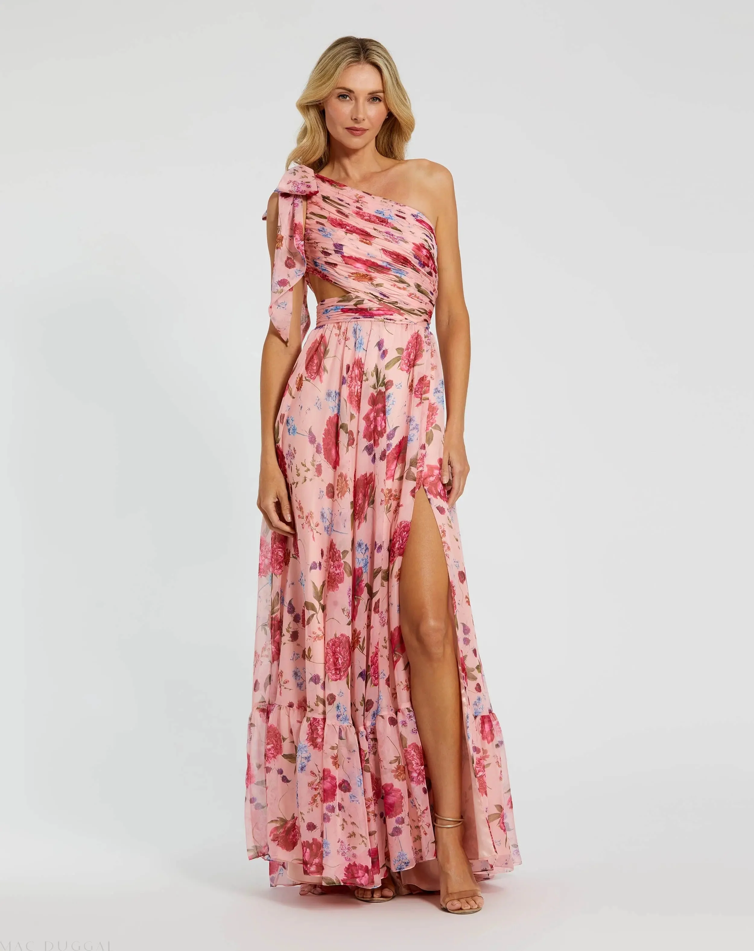 Pink Side Cut Out One Shoulder Gown