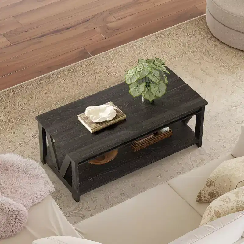 Coffee Table 43 with Storage Shelf and Sturdy V-Shaped Support, Farmhouse Wood Center Table for Living Room, Bedroom, Office, Balcony