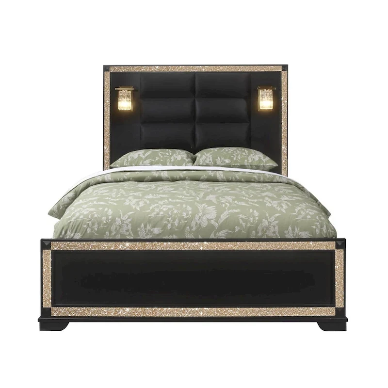 HomeRoots Black Faux Crystal Bling Wood And Upholstery Lighted Queen Bed Frame
