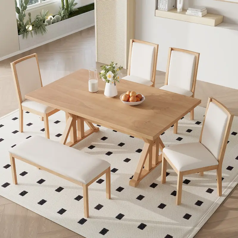 Farmhouse Style 6-Piece Dining Table Set with 4 Upholstered Dining Chairs and Bench