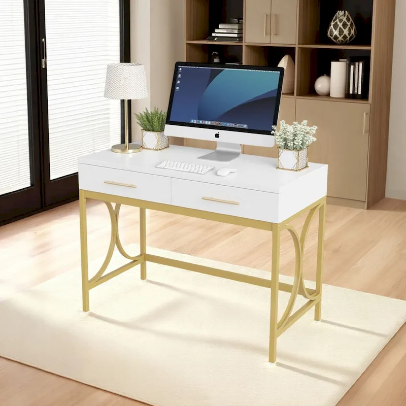 Computer Office Writing Desk, 41 Inch White Top, 2 Drawers, Gold Base