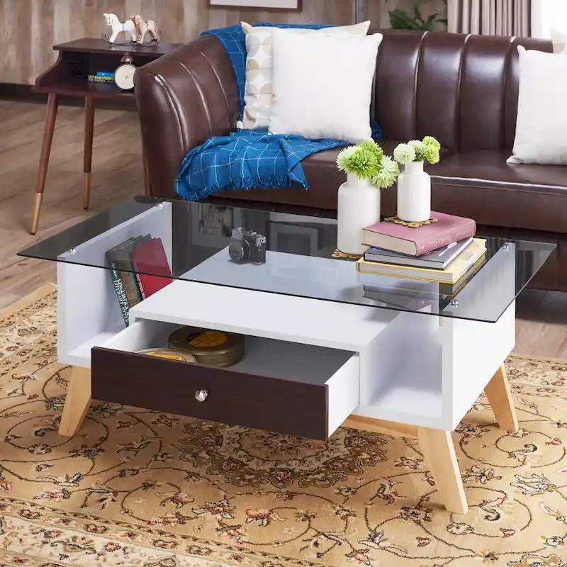 Glass Top Coffee Table - White/Natural Wood, Mid-Century Modern, Multi-User