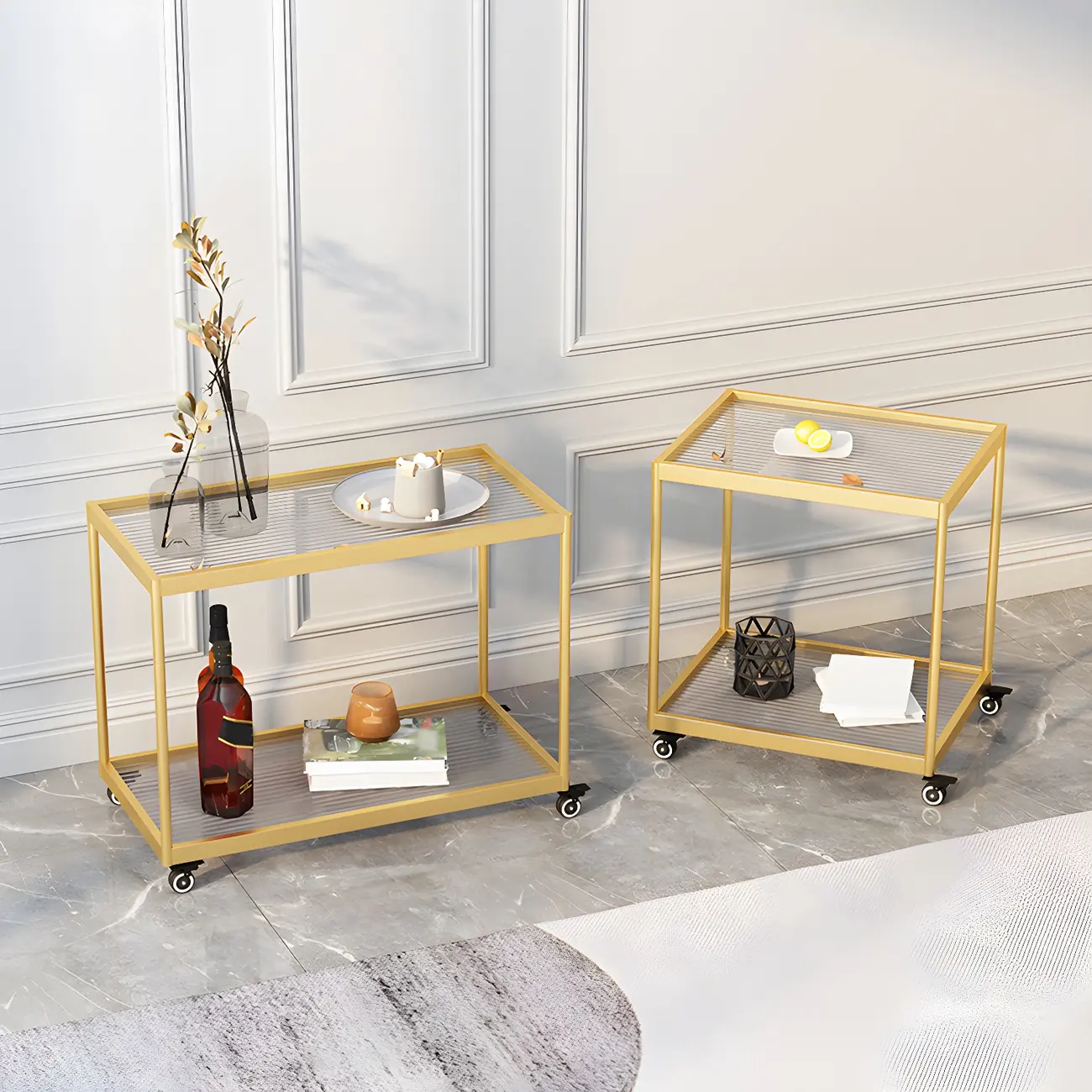 Gold Glass Rectangular Top Shelf Side Table on Wheels