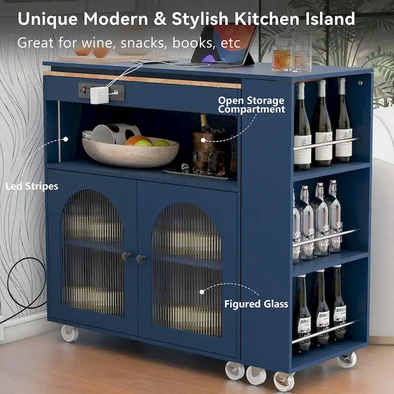 LED Lights Kitchen Island Cart With Extended Table and Power Outlets