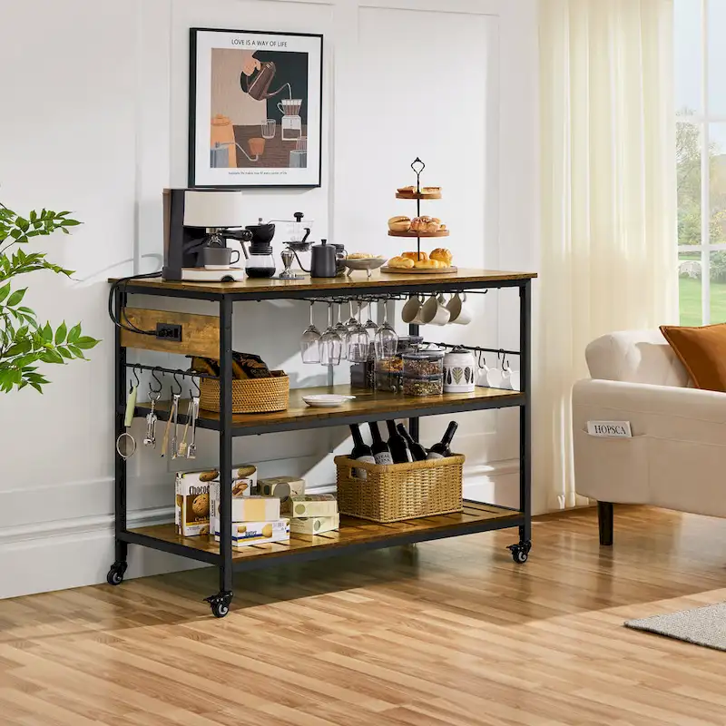 Rustic Brown & Black Kitchen Cart, Industrial Style, Single-User