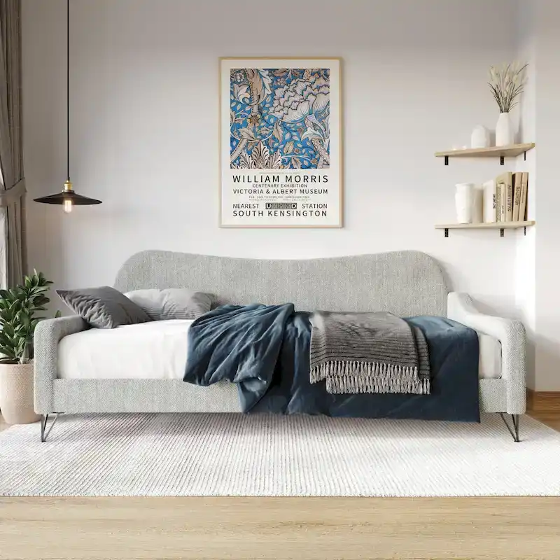 Twin Upholstered Daybed, Backrest & Armrests, Black Metal Legs, Sofa-to-Bed, Grey / Black / Brown / Teal, 1-Person Use