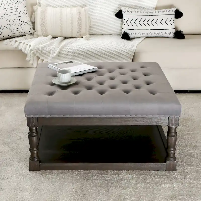 Cairona Tufted Bi-cast leather 34-Inch Shelved Ottoman Table