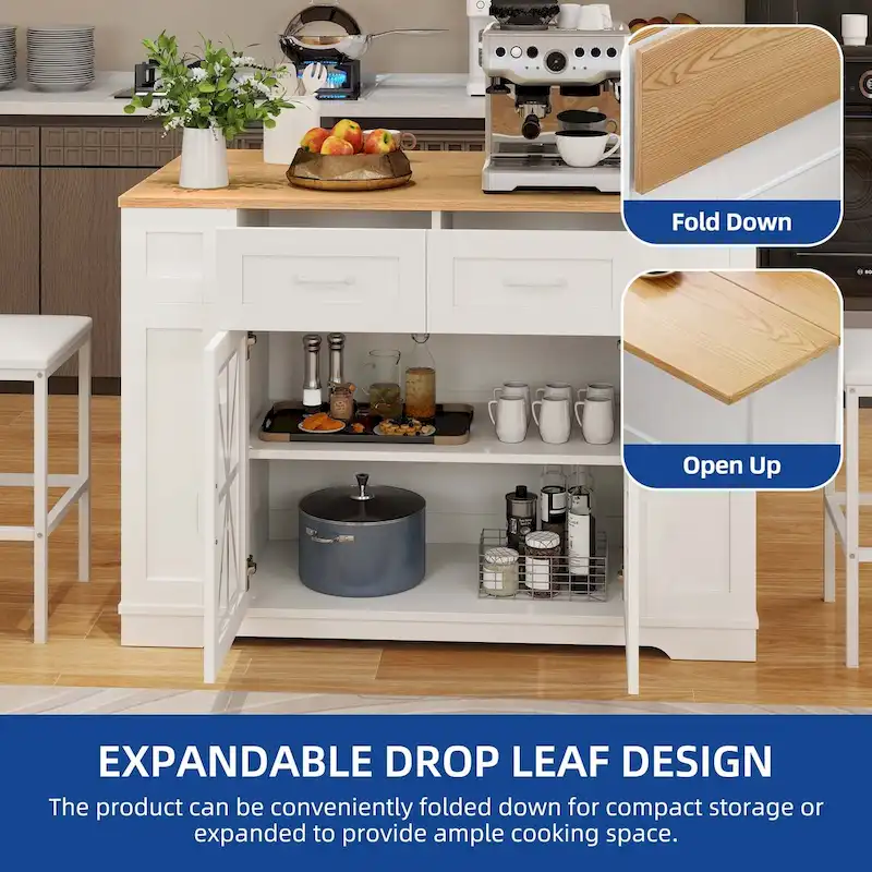 Moasis 47 Kitchen Island With Drop Leaf & 2 Bar Stools