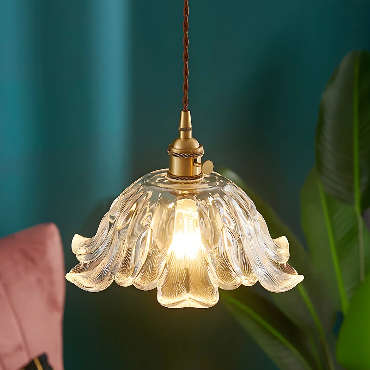 Art Deco Vintage Flower Glass Brass Hanging Pendant Light