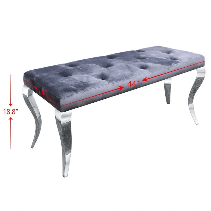 Luxury Velvet Bench Button Tufted Upholstered Dining Bench with Polished Metal Legs