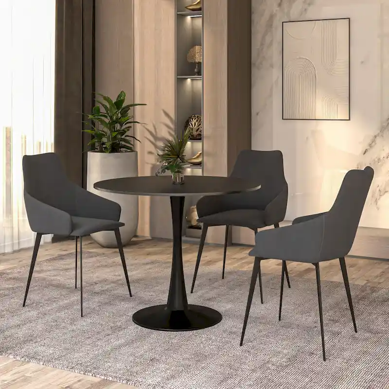 32 Mid Century Modern Round Dining Table, MDF Wood Top & Glossy Iron Pedestal Base for Kitchen & Dining Room