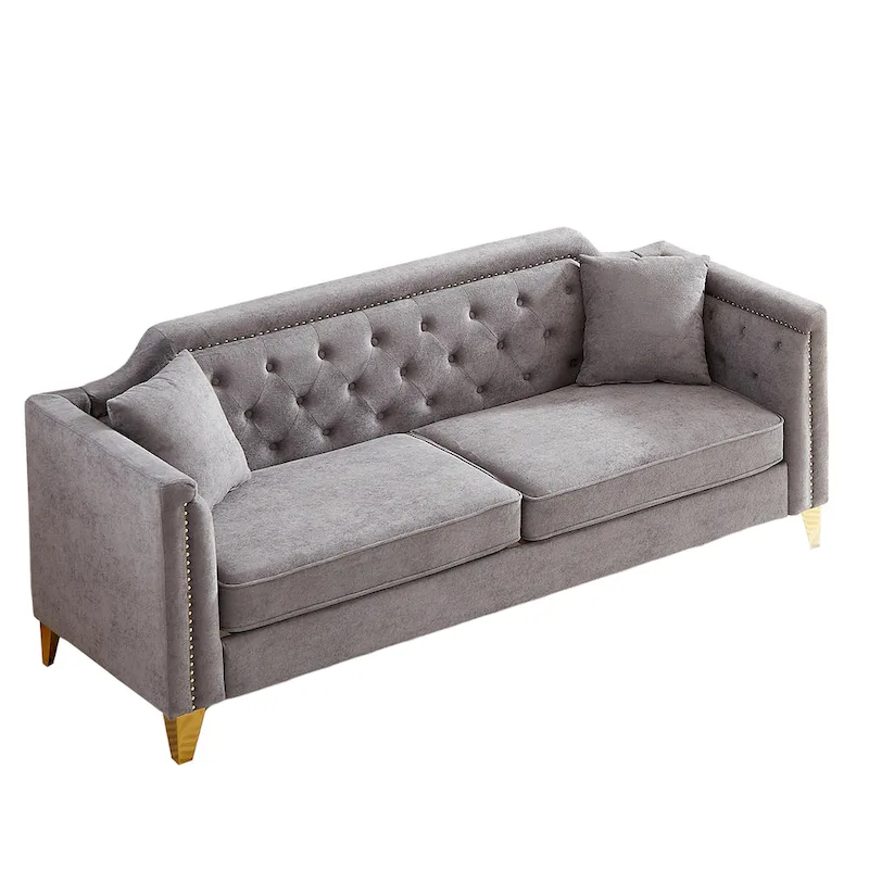 Grey 61.5  Chenille 3-Seater Tufted Sofa with Copper Nail Arms, 2 Pillows
