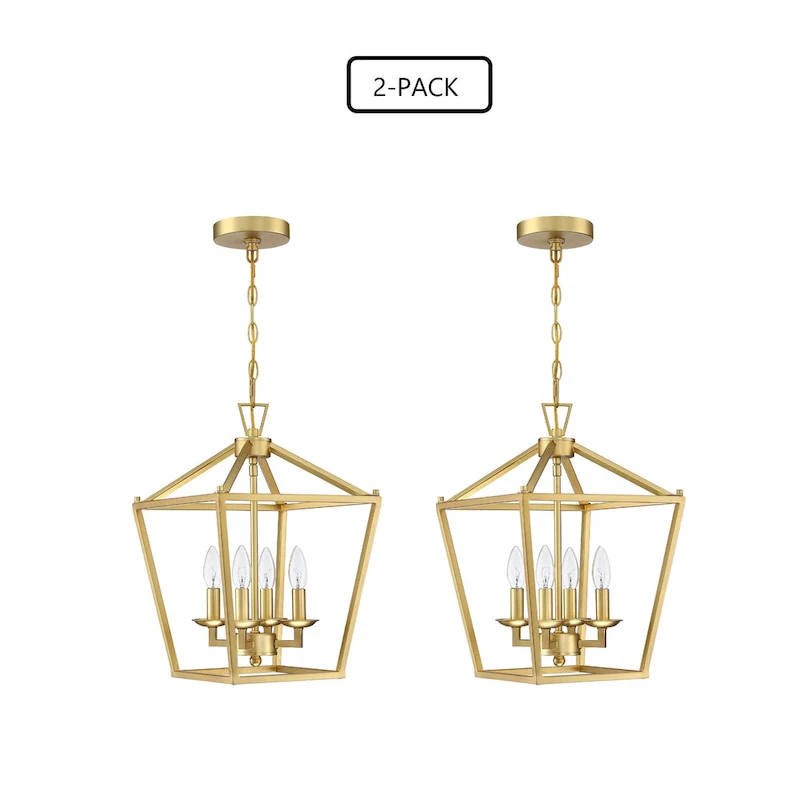 2-PK 12 in.4-light Geometric Lantern Chandelier with Matte Black finish/Soft gold finish