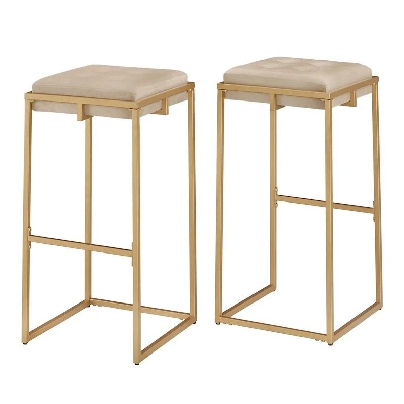Backless Velvet Button-Tufted Bar Stool with Gold Metal Base & Footrest – Beige / Blue / Green, Counter / Bar Height