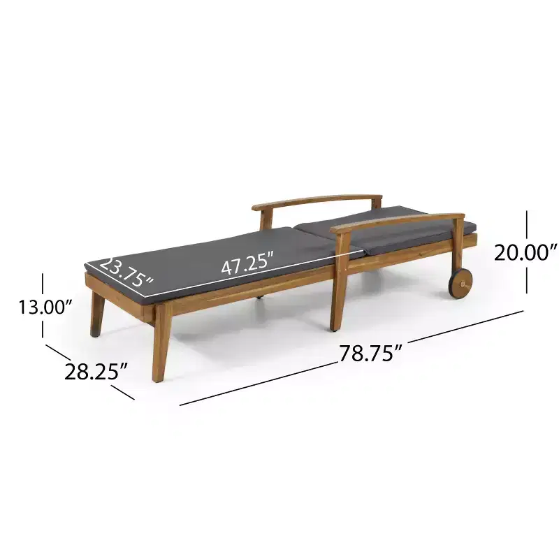 Acacia Wood Chaise Lounge with Cushion, 5-Position Reclining Patio Lounger