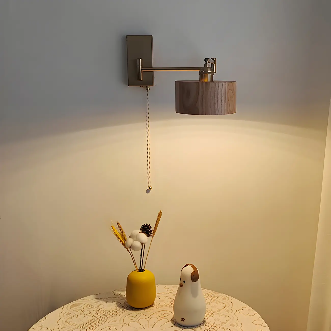 Brown Wood Shade Brass Metal Swing Arm Wall Light