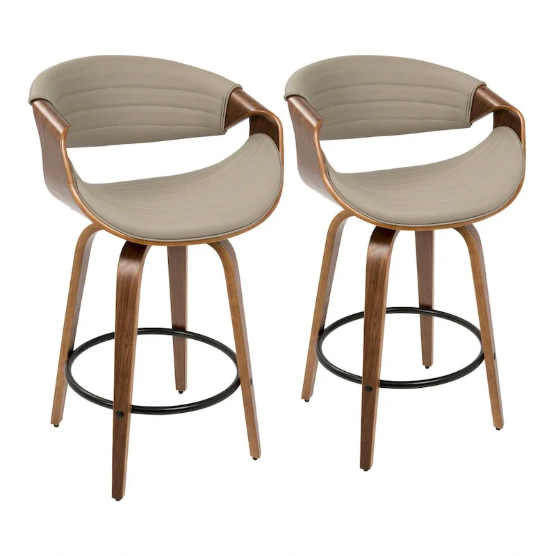 Faux Leather Counter Stool with Bent Wood Legs & Round Footrest (Set of 2)