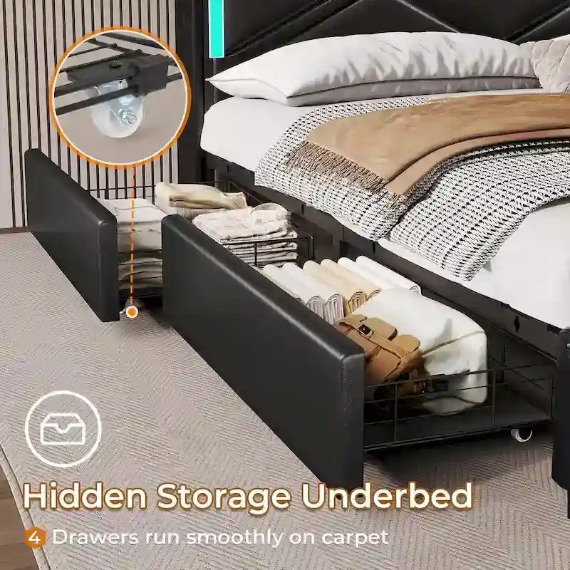 Bed Frame LED Lights Headboard & USB-C/A Charging Station 4 Drawers
