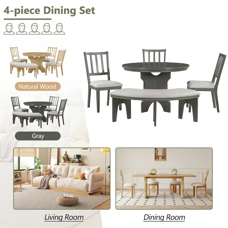 Modern Country Dining Table and Chair Sets Multi-Functional Dining Table and Chair Sets with Curved Table Base and Curved Bench