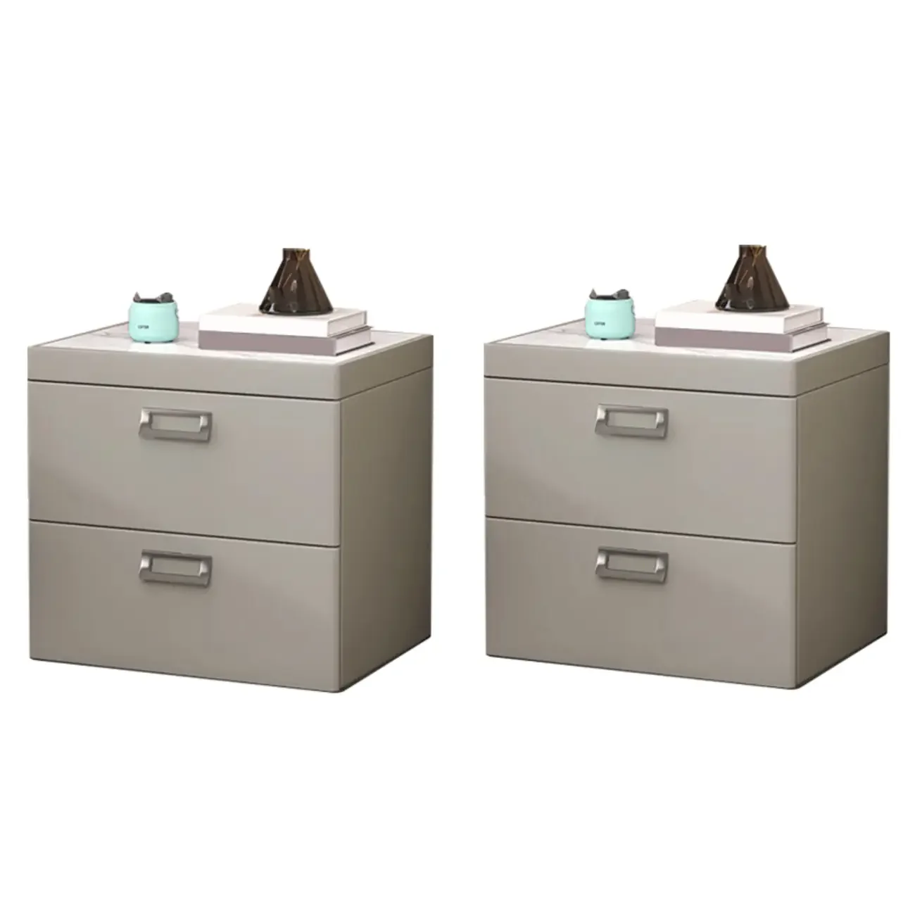 Modern Faux Leather 2 Drawers Nightstand with Stone Top