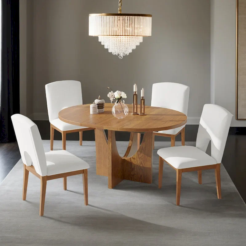 Modern 5-Piece Extendable Round Dining Table Set with 16.2inch Removable Leaf for Small Places