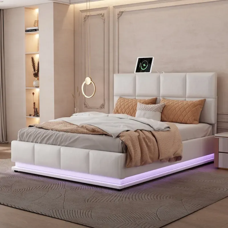 Tufted Upholstered Platform Bed with Hydraulic Storage System,Queen Size PU Storage Bed with LED Lights and USB charger