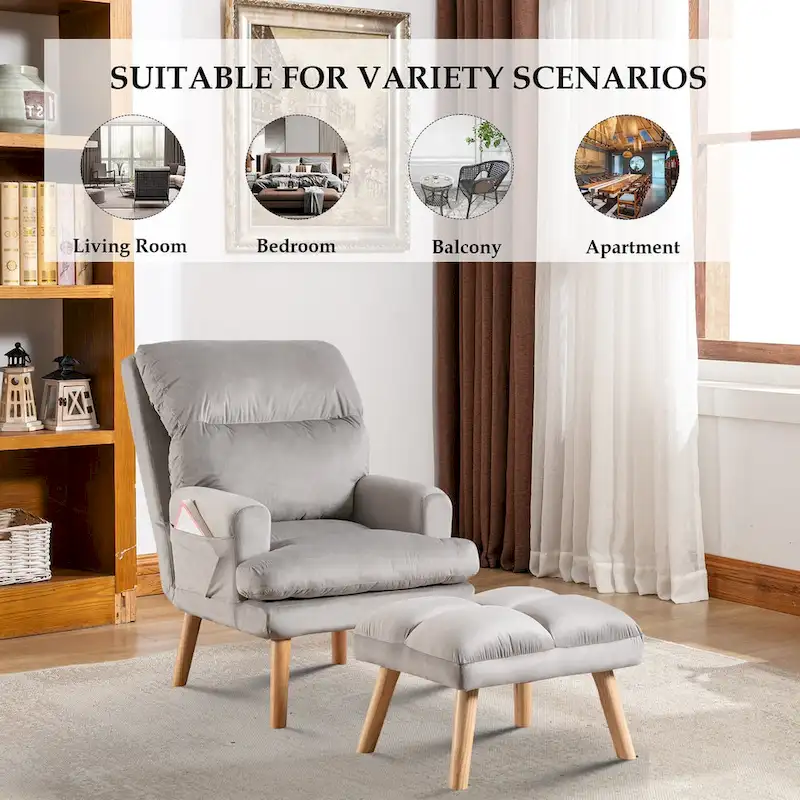 Velvet Fabric Armchair with Ottoman with Adjustable Backrest and Side Pockets
