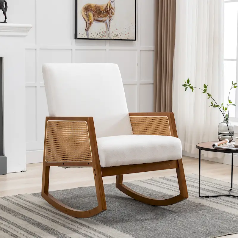 SEYNAR Modern PU Leather Rocking Chair with Rattan Arms