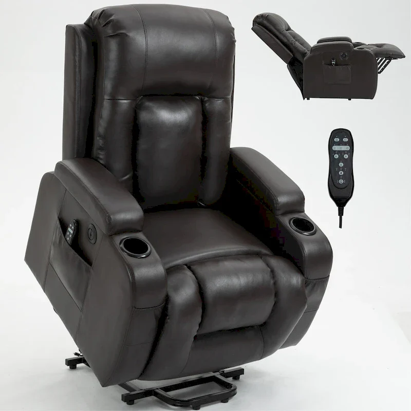 Power Lift Recliner with Massage, Heat and Cup Holders – Black / Brown, Single