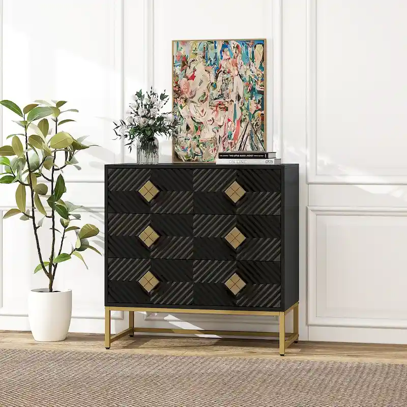 3 Drawer Storage Cabinet with Diamond Carved Doors