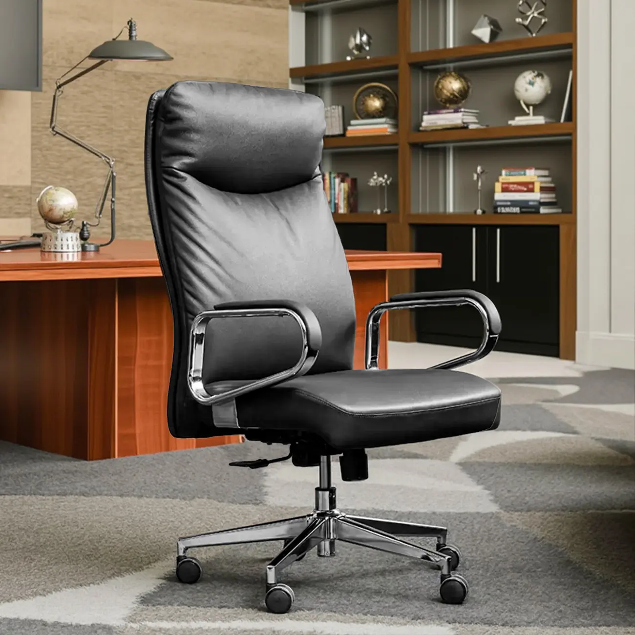 Modern Black Leather Upholstered Adjustable Swivel Office Chair