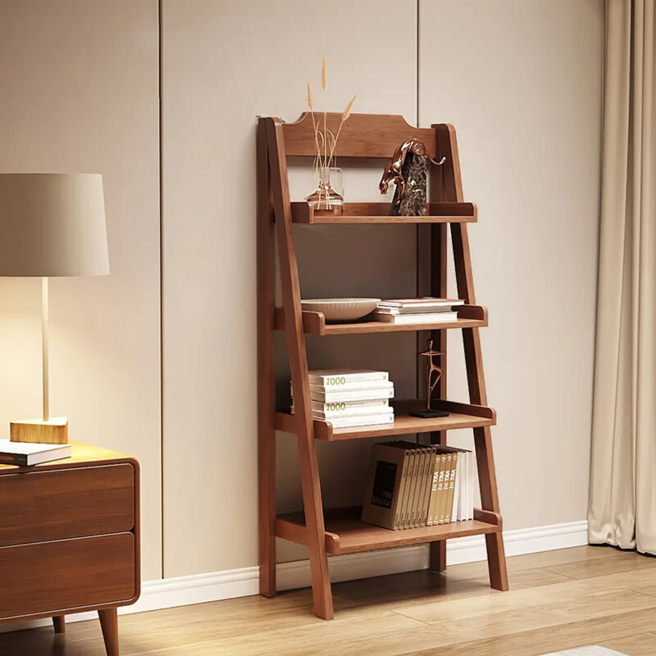 Narrow Modern Rubberwood Ladder Bookcase Open Back