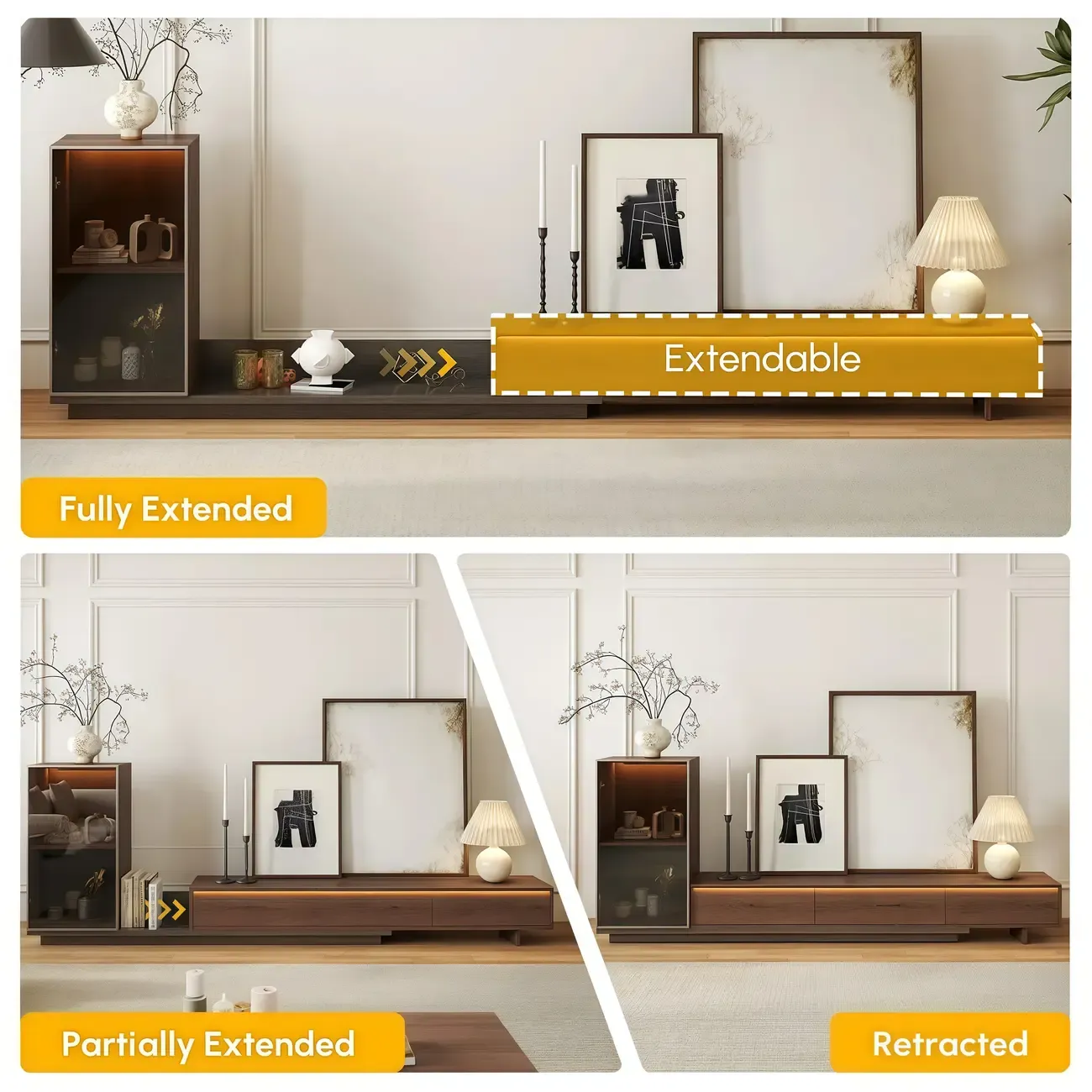 Mid-Century Walnut Extendable Wooden TV Stand with Drawers