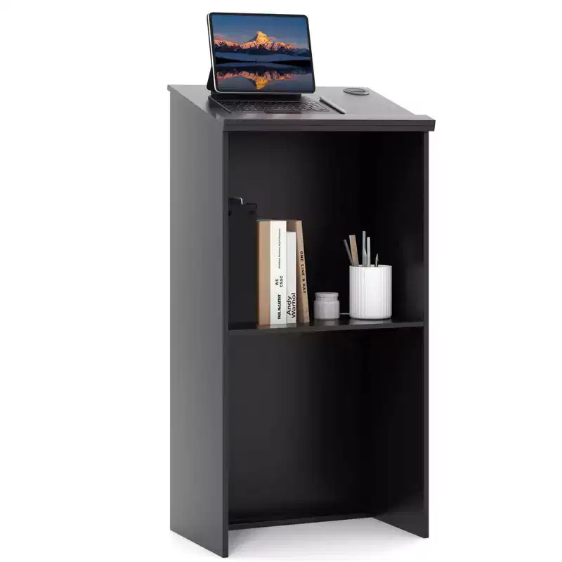 Costway Wooden Floor Standing Podium Speaking Lectern w/ Adjustable Shelf & Pen Tray & Cable Holes Brown/Black