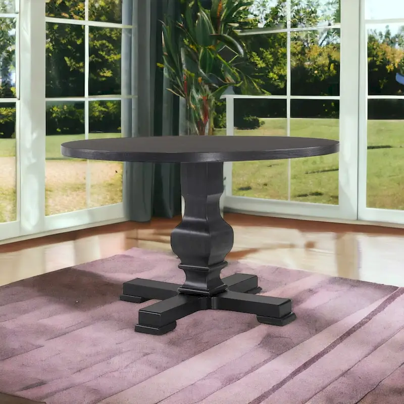 HomeRoots 47 Black Rounded Solid Wood Pedestal Base Dining Table