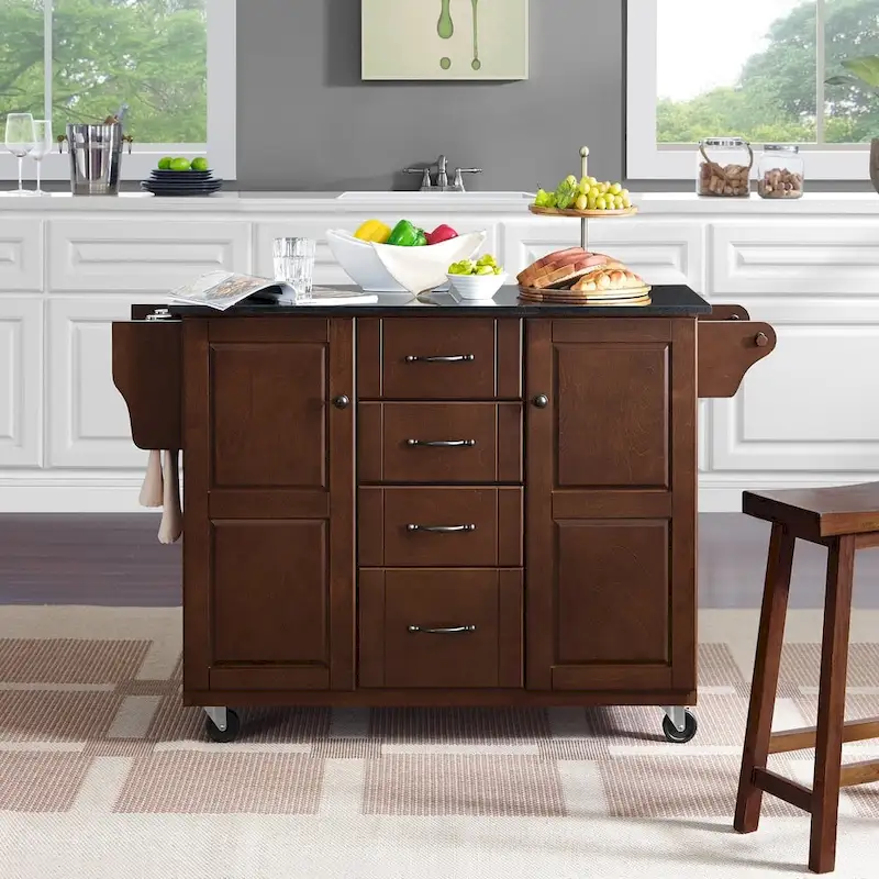 Portable Kitchen Island with Black Granite Top - Mahogany Wood