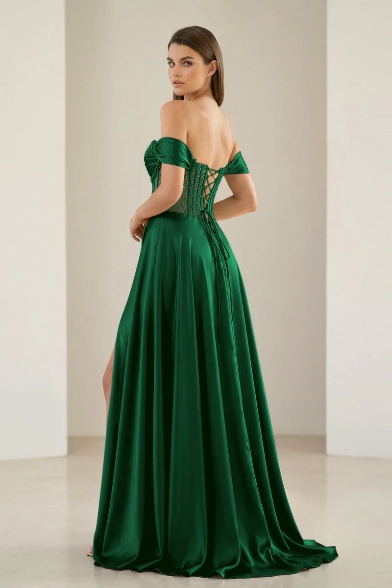 Sage Off The Shoulder A Line Satin Beaded Prom Dresses With Slit