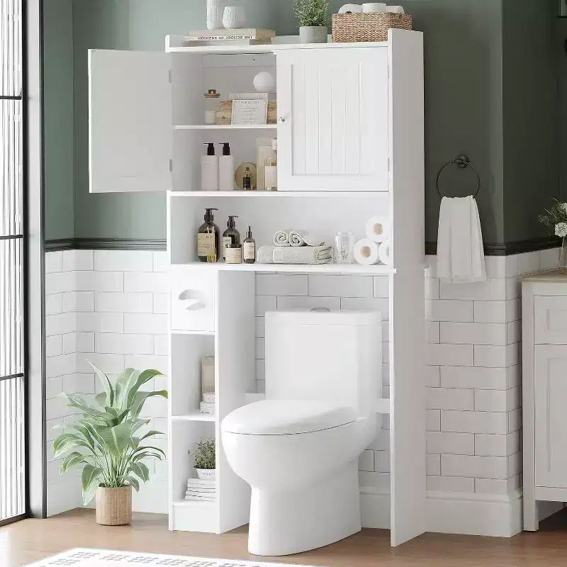 GustoWave Over The Toilet Storage Cabinet, Over Toilet Bathroom Organizer with Door & Toilet Paper Holder Stand, Space-Saving, White