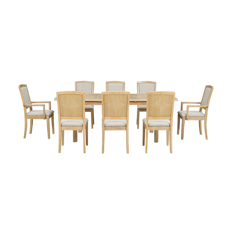 Rustic Extendable Dining Table Set with 24inch Removable Leaf, 6 Upholstered Armless Dining Chairs and 2 Padded Arm Chairs