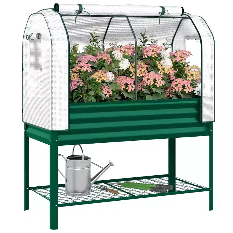 Outsunny Galvanised Raised Garden Bed with Greenhouse Cover, Metal Elevated Garden Bed with Bed Liner and Bottom Shelf