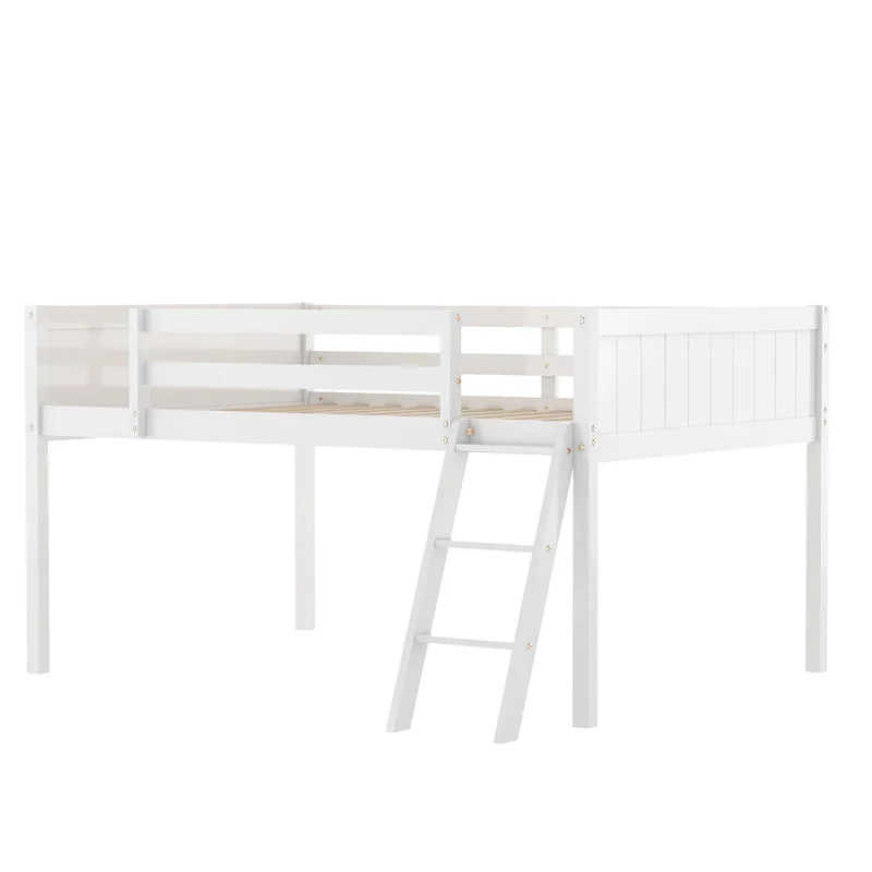 Full Size Wood Low Loft Bed with Removable Ladder, Wooden Bed Frame