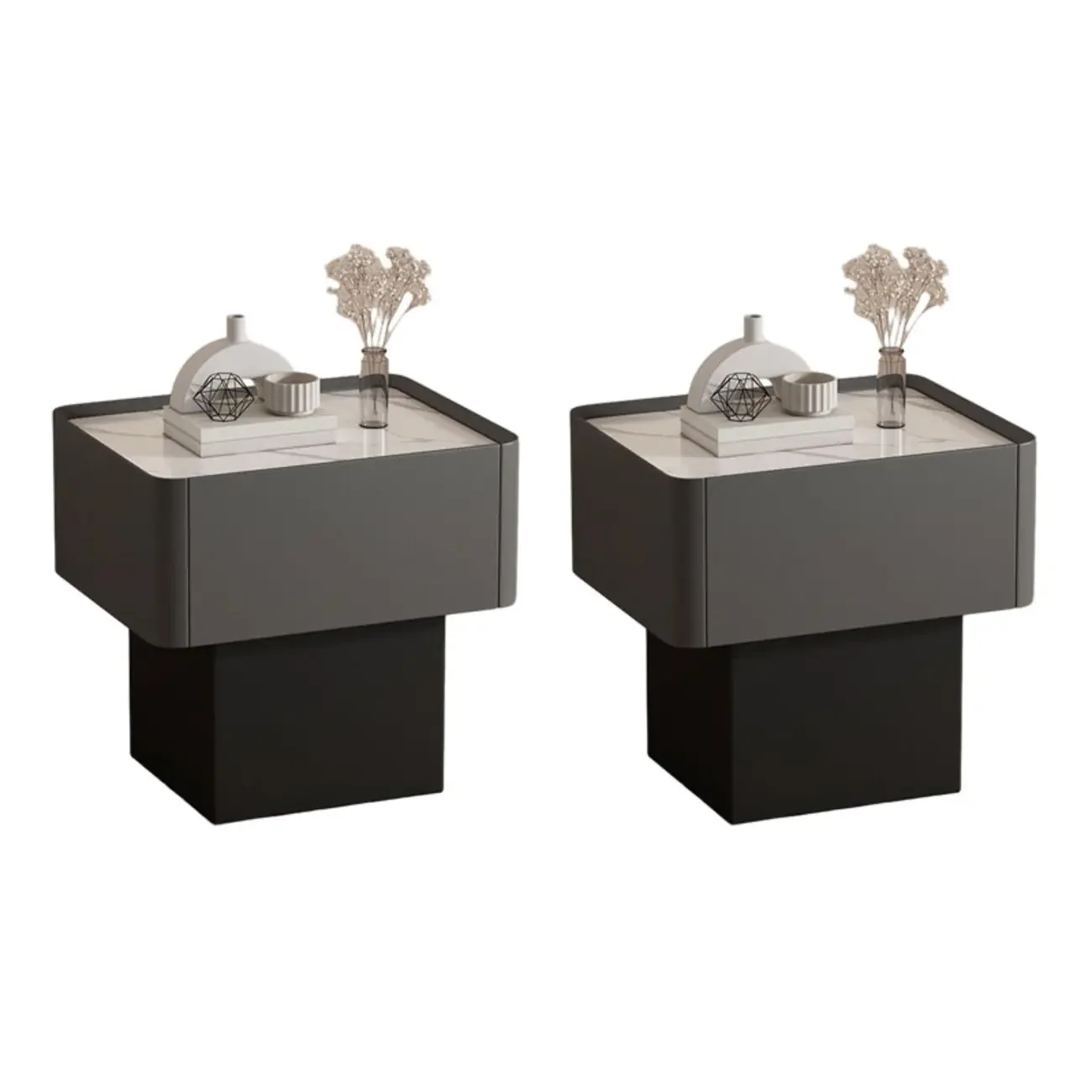 Modern Faux Leather Drawer Nightstand with Stone Top