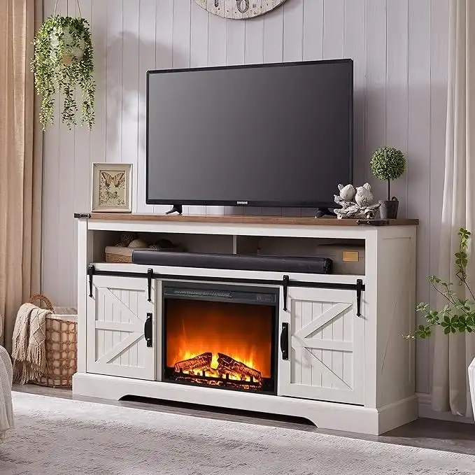 Dark Rustic Oak / Antique White Fireplace TV Stand with Sliding Barn Door – Fits up to 70