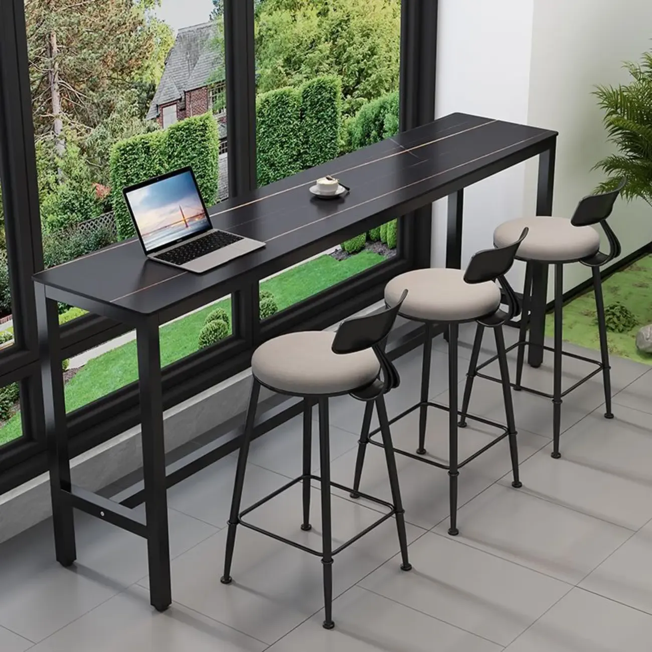 Modern Dove Grey Stone Top Steel Footrest Bar Tables