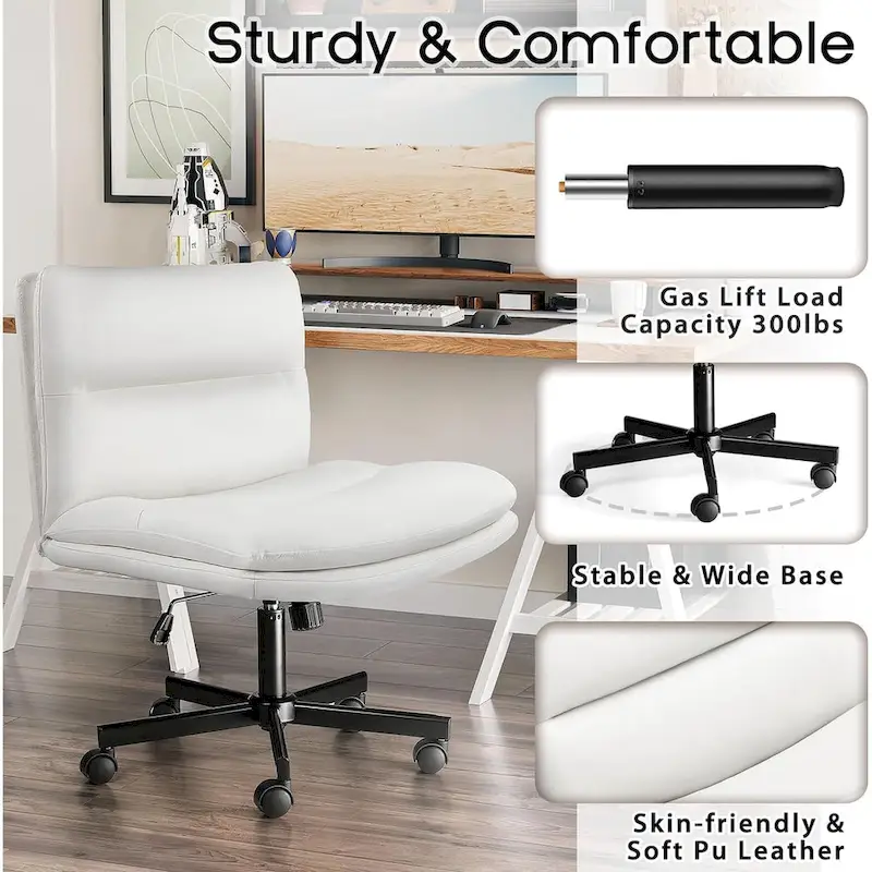 Cross Chair with Wheels,PU Leather Armless Cross Legged Office chair, Adjustable Wide Seat Task Vanity Chair