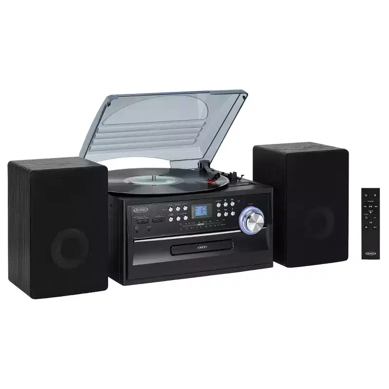 Jensen 3-Speed Stereo Turntable with Pitch Control/CD/Cassette and AM/FM Stereo Radio - Black: Vinyl Record Player, Programmable Memory