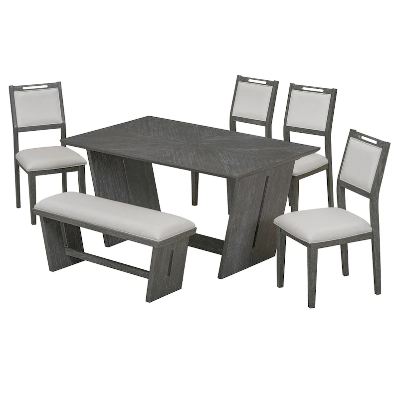 6 Pcs Dining Table Set, Wood Dining Kitchen Table and Chairs Set with Rectangular Table, 4 Upholstered Chairs and 1 Bench