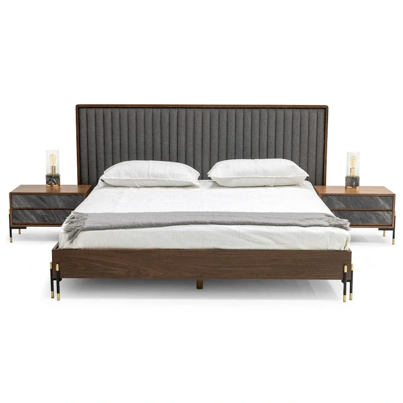 Walnut Veneer & Grey Fabric Mid-Century Platform Bed with Black & Gold Hairpin Legs – Queen / King / Cal King