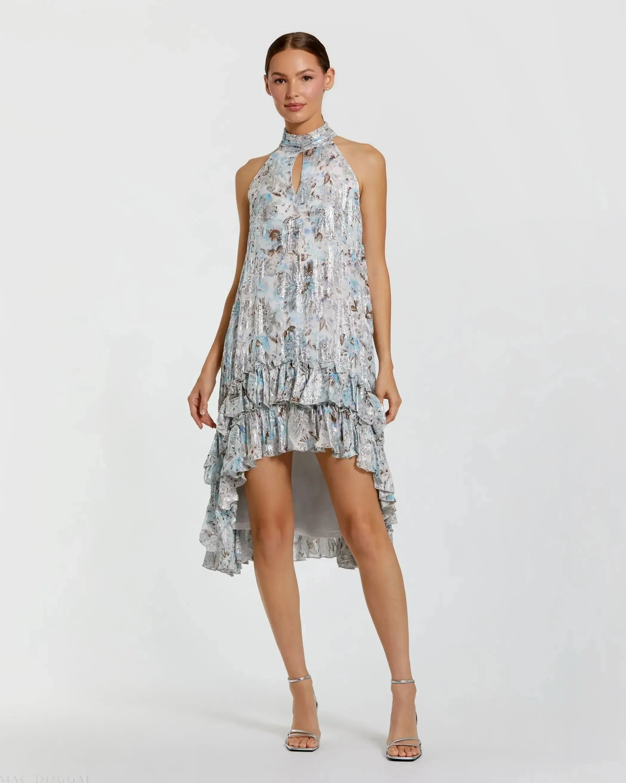 Multicolor Floral High Neck Keyhole Ruffle Mini Dress