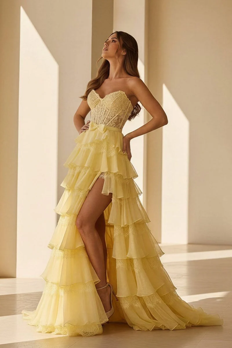 Yellow - Strapless A Line Chiffon Tiered Prom Dresses With Bow